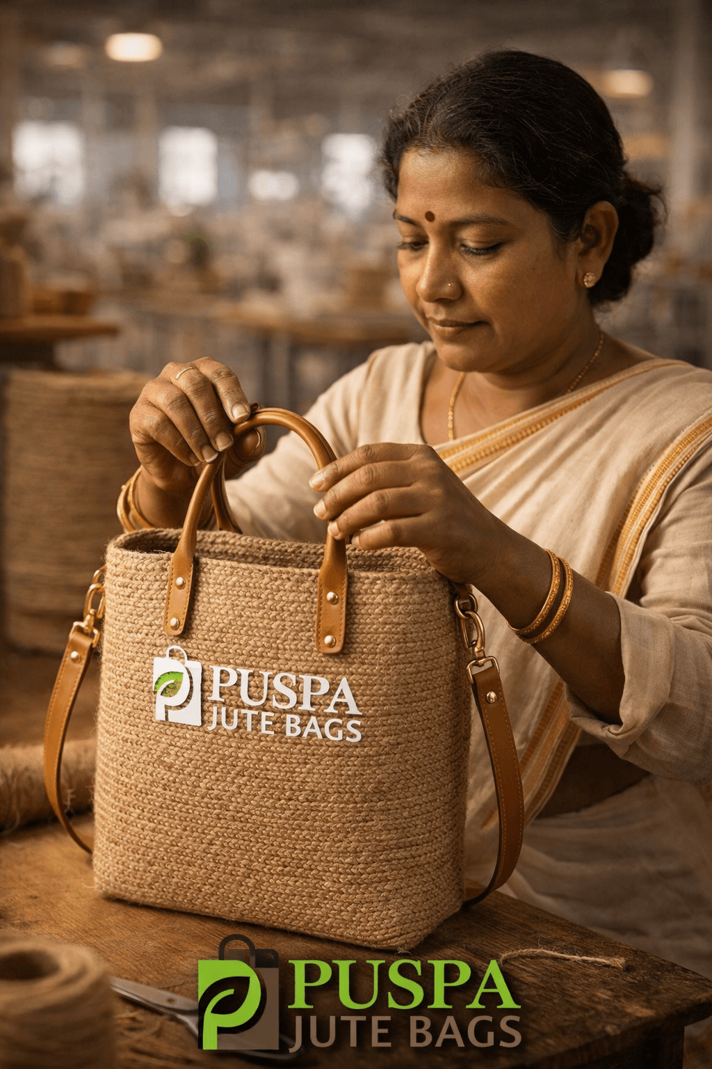 Artisan crafting jute bags